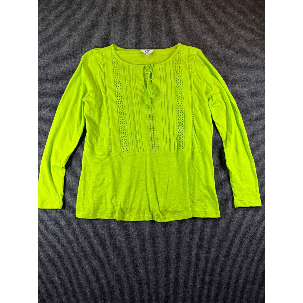 Crown & Ivy Petite Large Lime Green Crochet Lace Pintuck Tassel‎ Cotton Top PL
